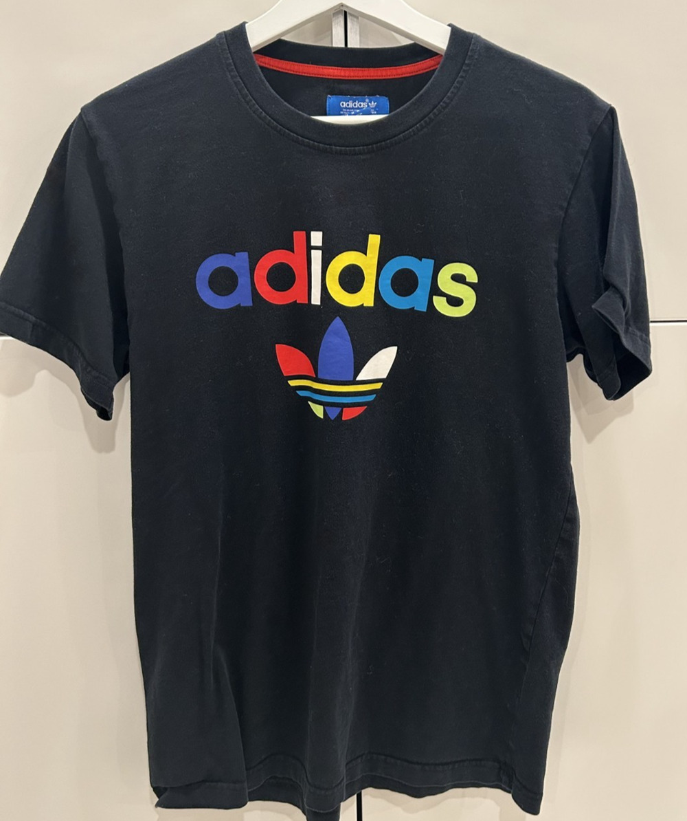 Adidas Pigment Black Multicolor Trefoil Logo Spellout Print Short Sleeve T-shirt
